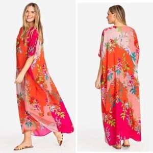 Johnny Was Nanya V-Neck Oversized Floral Print Maxi Kaftan in Red Blush Sz L/XL